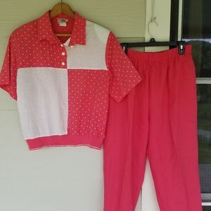 Vintage 80s Aesthetic 2 Piece Track/Walking Set Hot Pink White Polka Dots USA